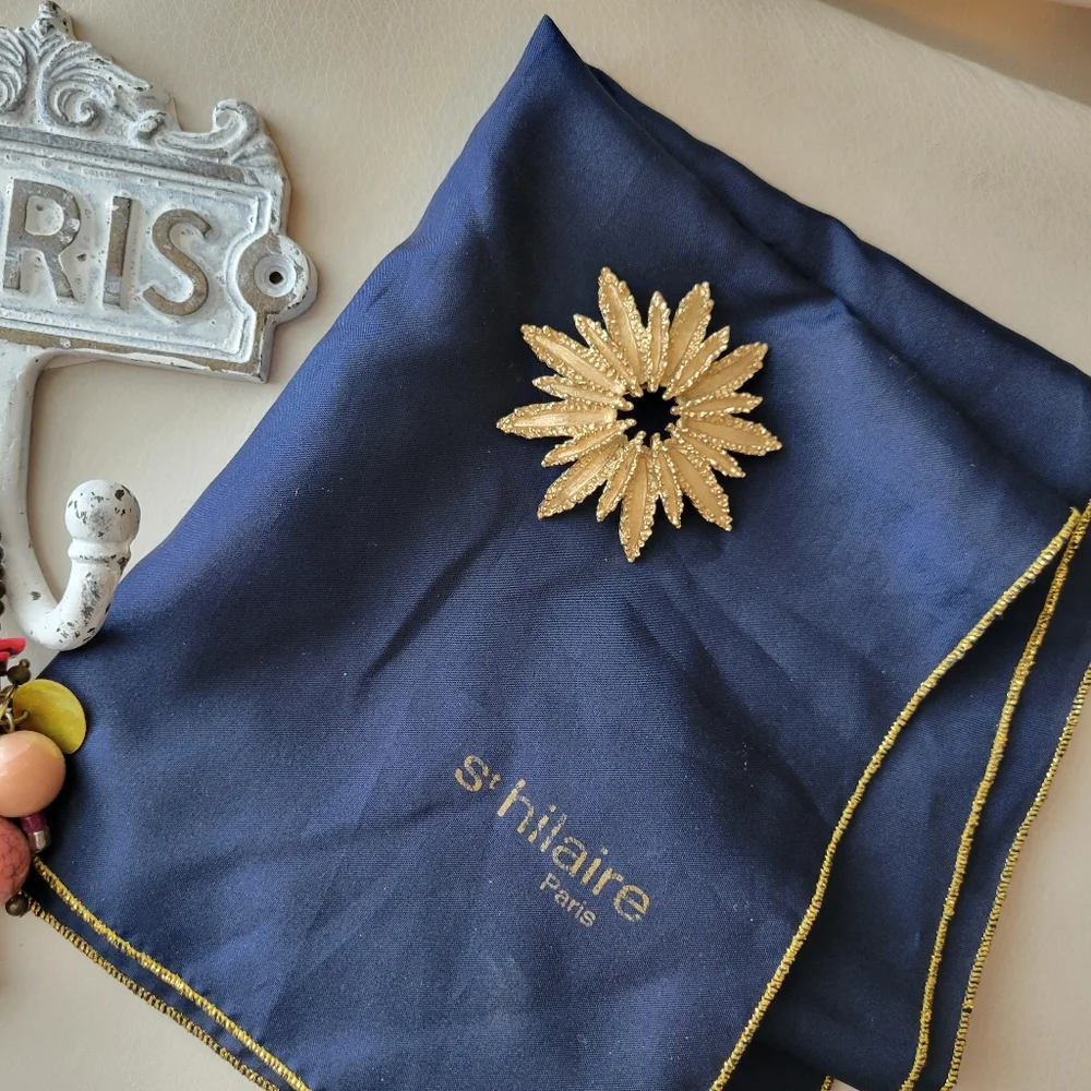 St. Hilaire Paris Blue Scarf Gold Metallic Trim ~ Rectangular ~ Vintage? ~ GUC